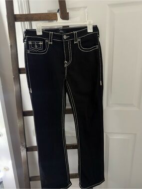 True Religion Black Straight-Leg Jeans with White Contrast Stitching